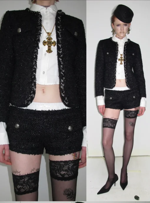 1Jinn Boucle Tweed Cropped Jacket Lace Trim Shorts 7