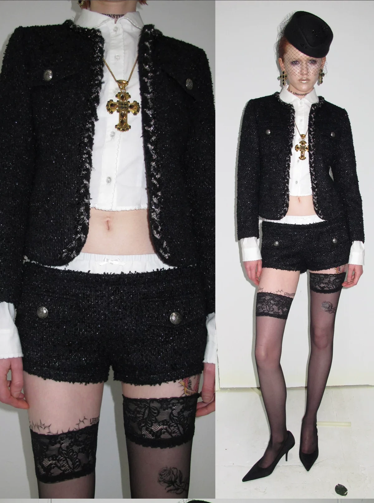 1Jinn Boucle Tweed Cropped Jacket Lace Trim Shorts 7