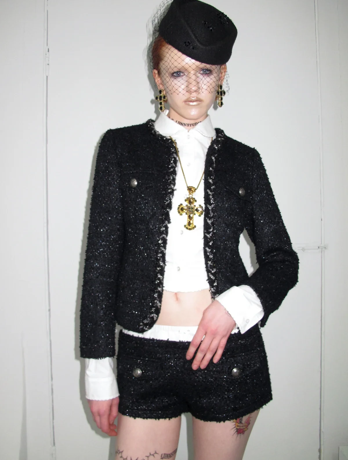 1Jinn Boucle Tweed Cropped Jacket Lace Trim Shorts 8