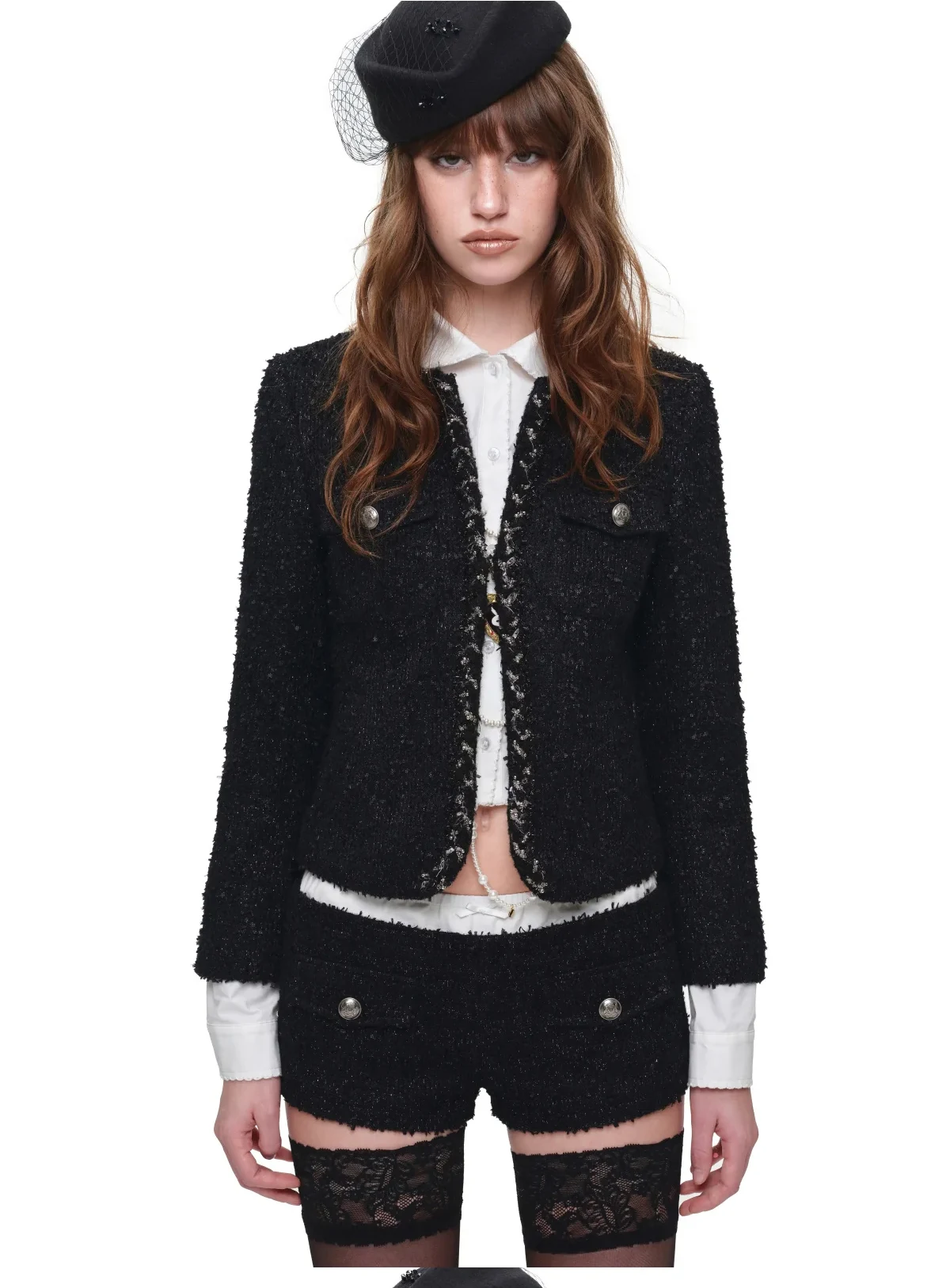 1Jinn Boucle Tweed Cropped Jacket Lace Trim Shorts 13