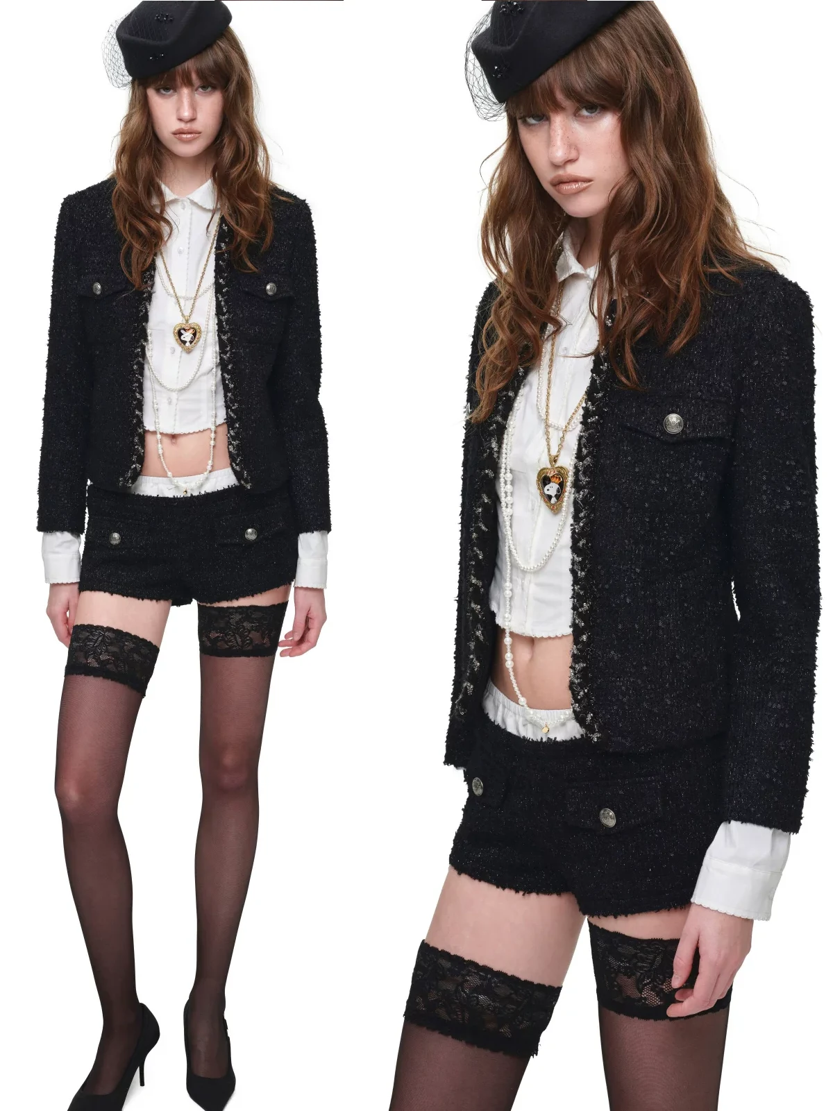 1Jinn Boucle Tweed Cropped Jacket Lace Trim Shorts 15