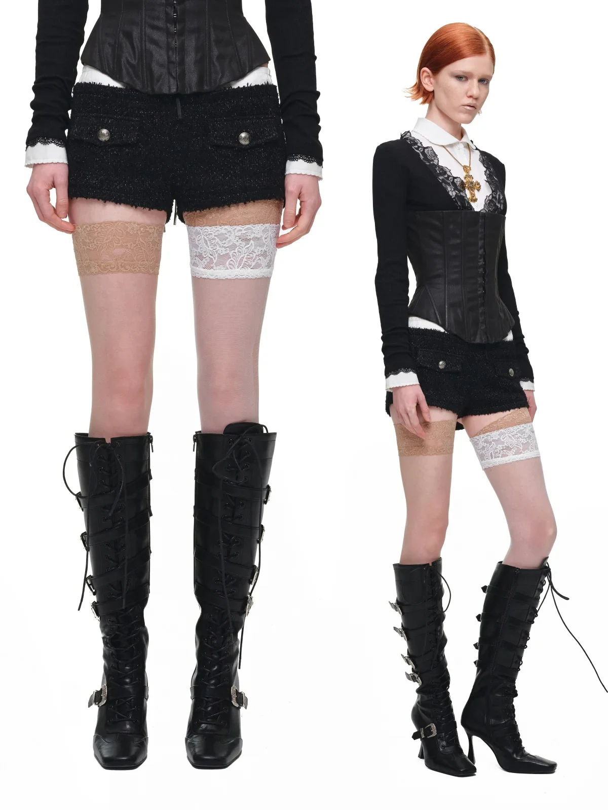 1Jinn Boucle Tweed Cropped Jacket Lace Trim Shorts 30