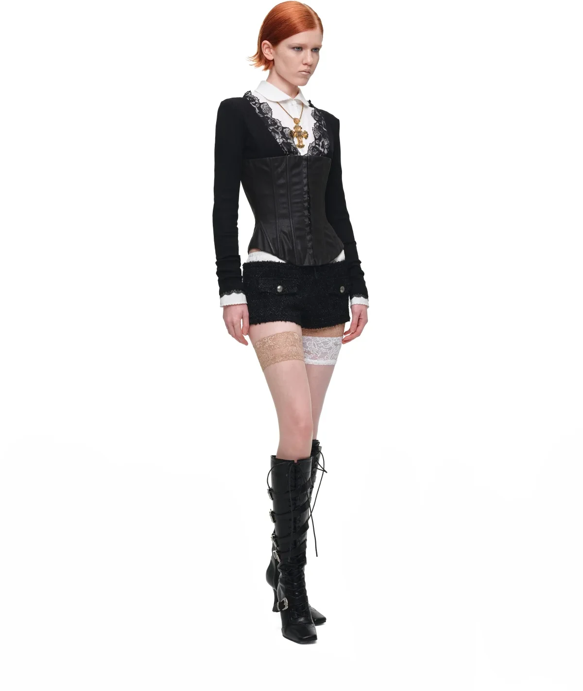 1Jinn Boucle Tweed Cropped Jacket Lace Trim Shorts 32