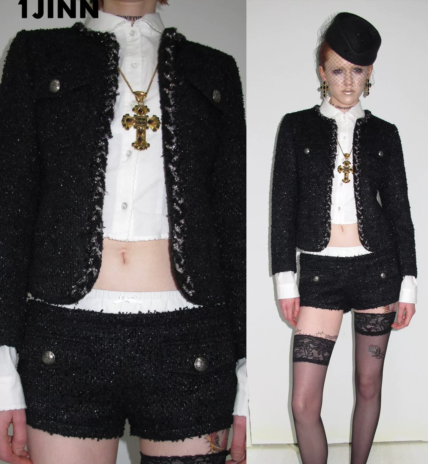 1Jinn Boucle Tweed Cropped Jacket Lace Trim Shorts 36