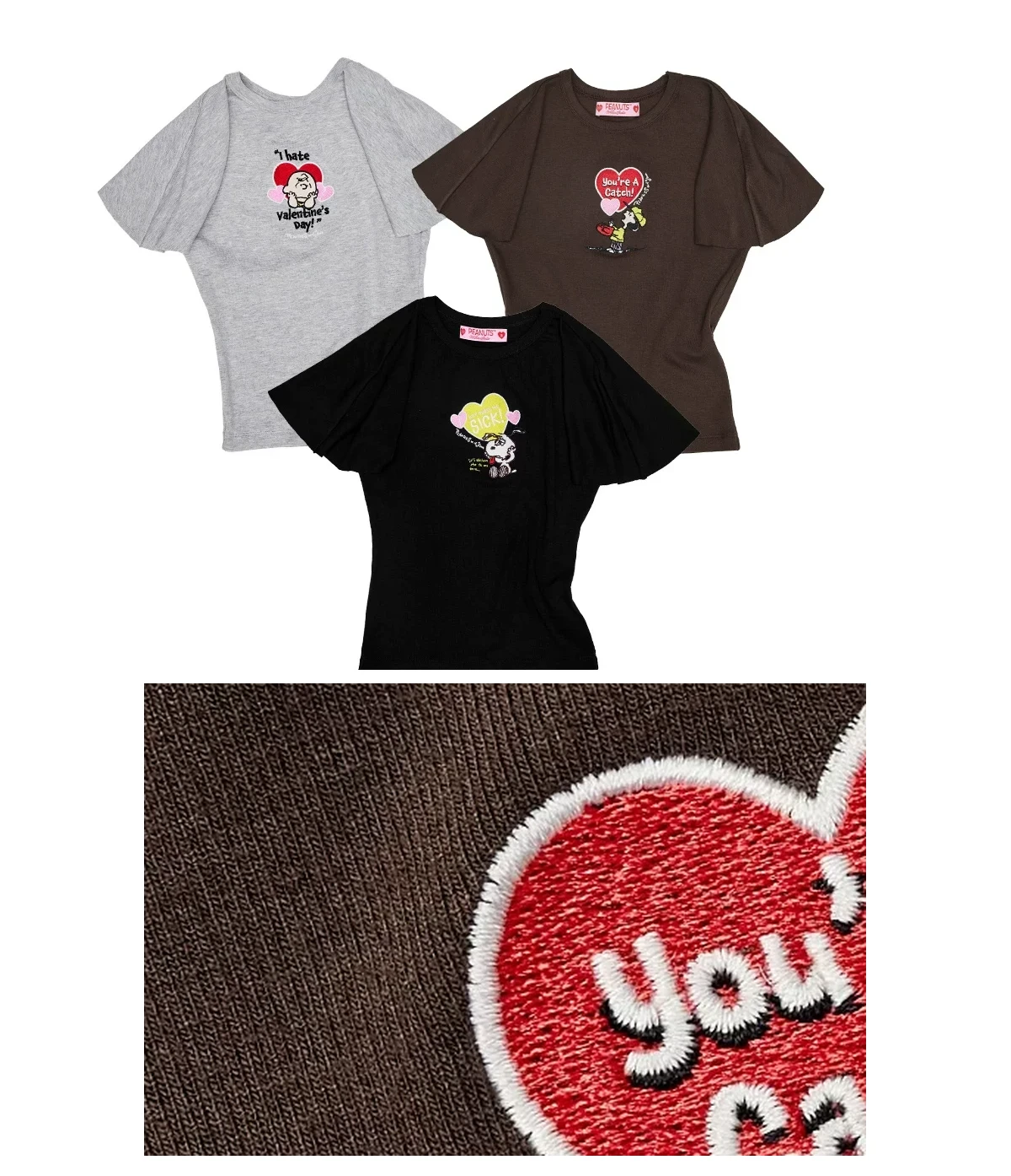 1jinn snoopy peanuts embroidered flutter sleeve tee packshot and detail