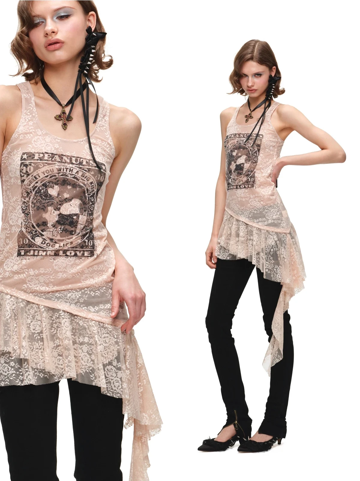 1jinn snoopy peanuts framed print lace cami dress 18