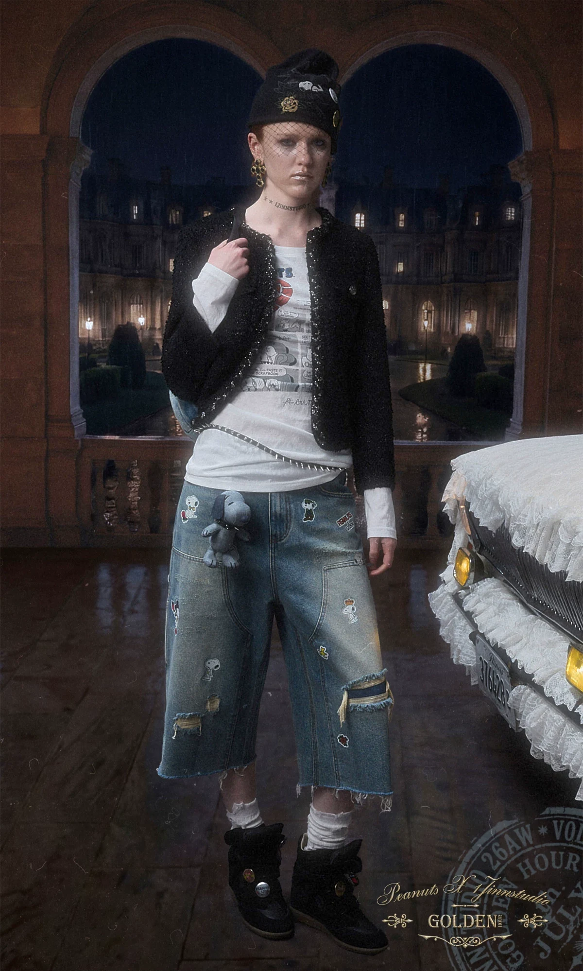 1Jinn X Snoopy Sticker Print Cropped Baggy Jeans 3