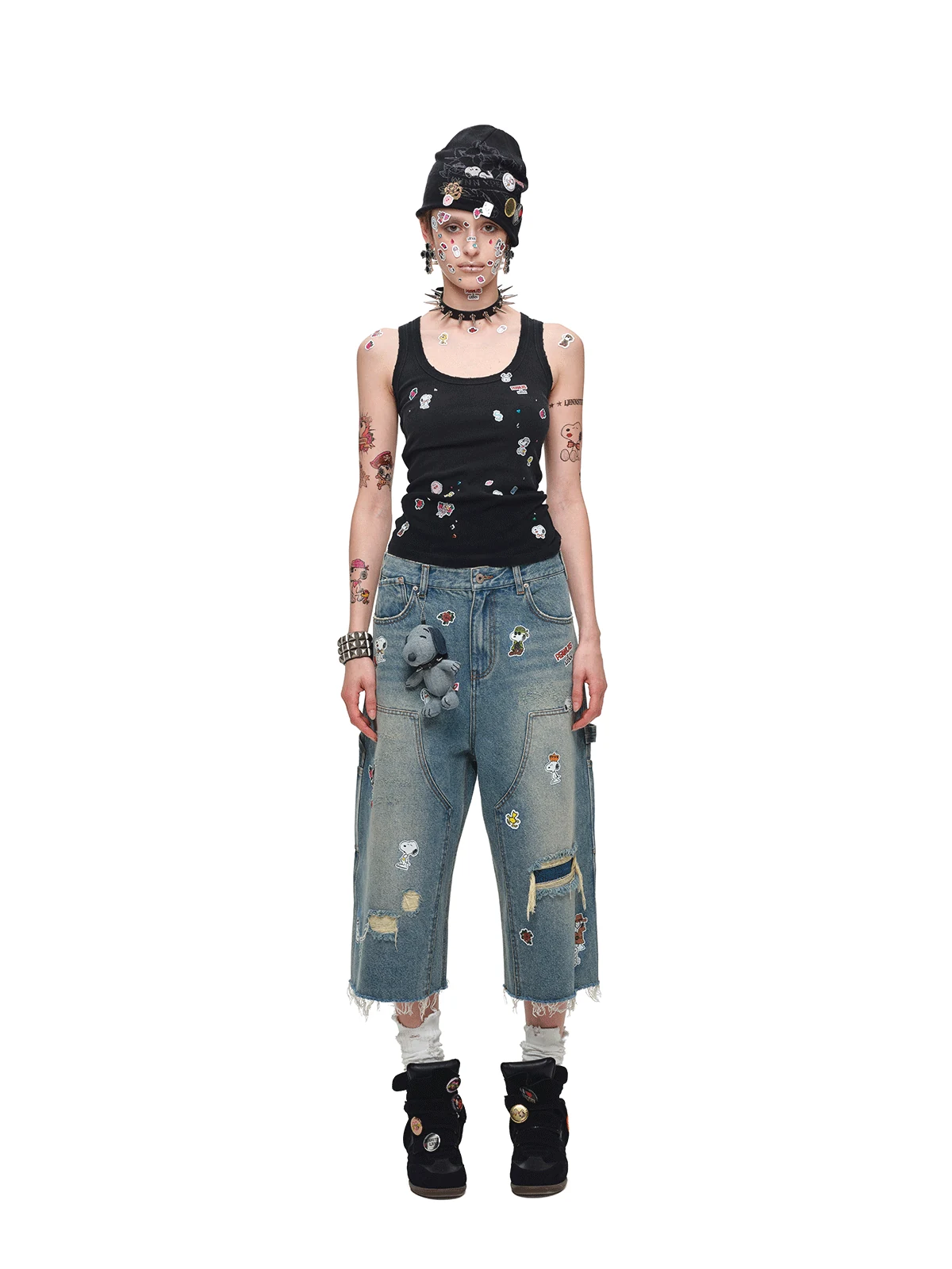 1Jinn X Snoopy Sticker Print Cropped Baggy Jeans 5