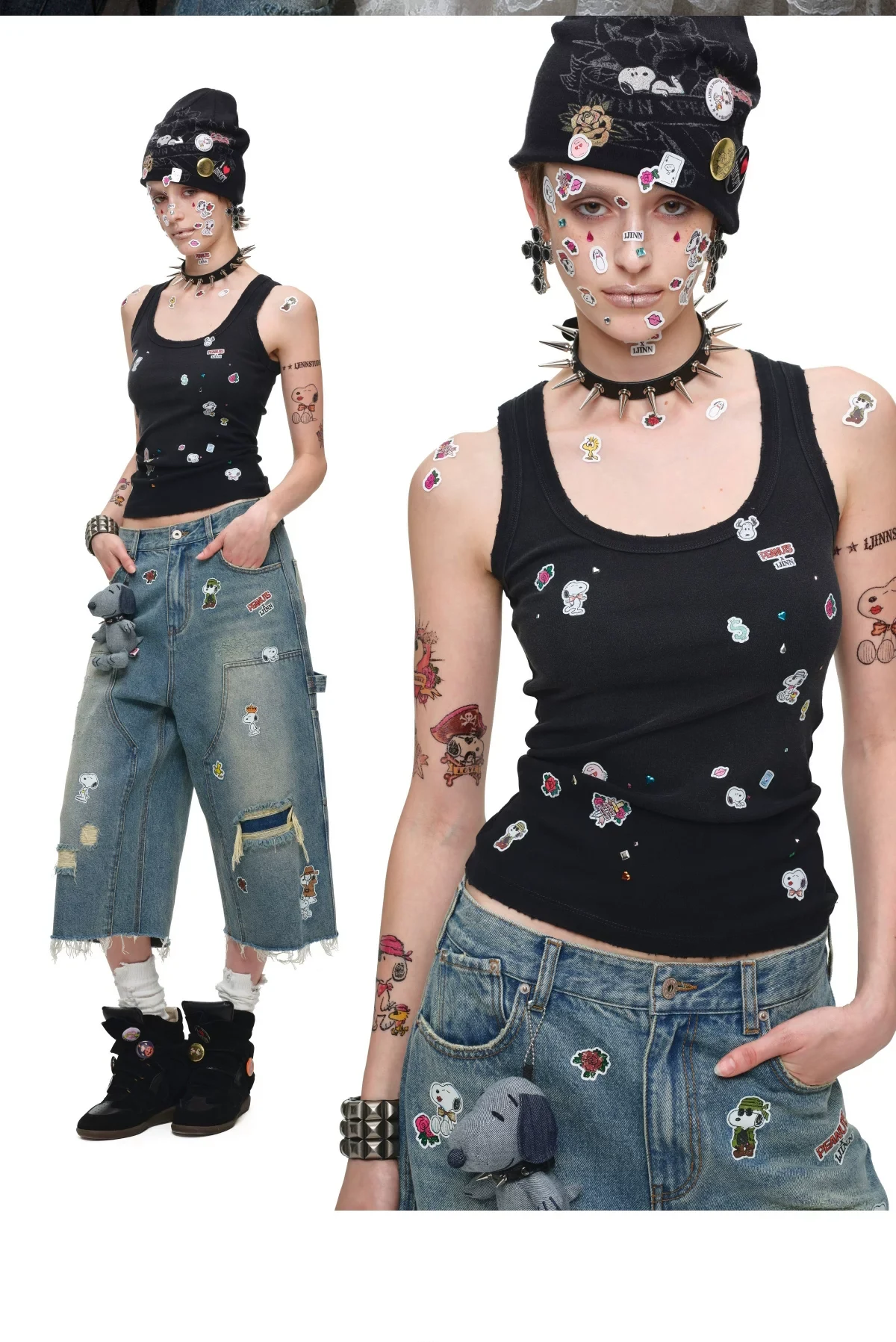 1Jinn X Snoopy Sticker Print Cropped Baggy Jeans 11
