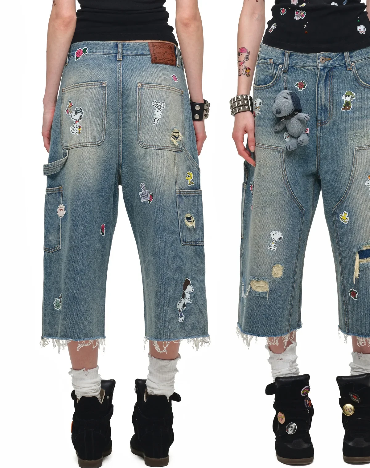 1Jinn X Snoopy Sticker Print Cropped Baggy Jeans 14