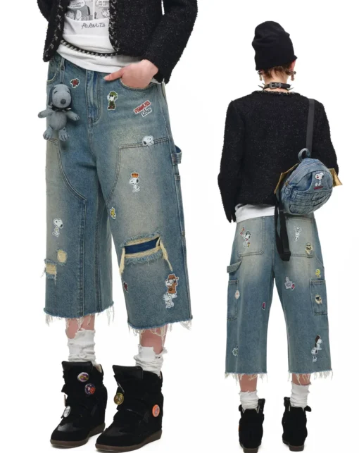 1Jinn X Snoopy Sticker Print Cropped Baggy Jeans 21
