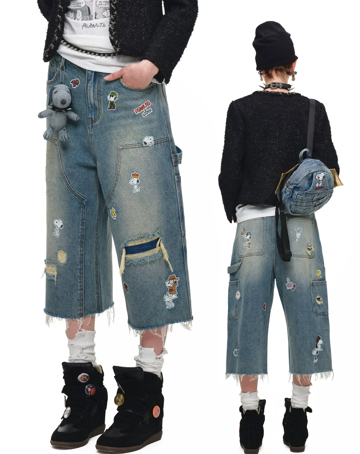 1Jinn X Snoopy Sticker Print Cropped Baggy Jeans 21