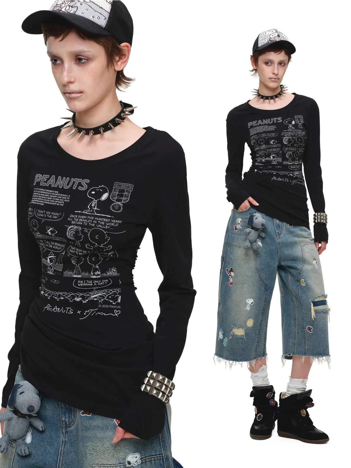 1Jinn X Snoopy Sticker Print Cropped Baggy Jeans 28
