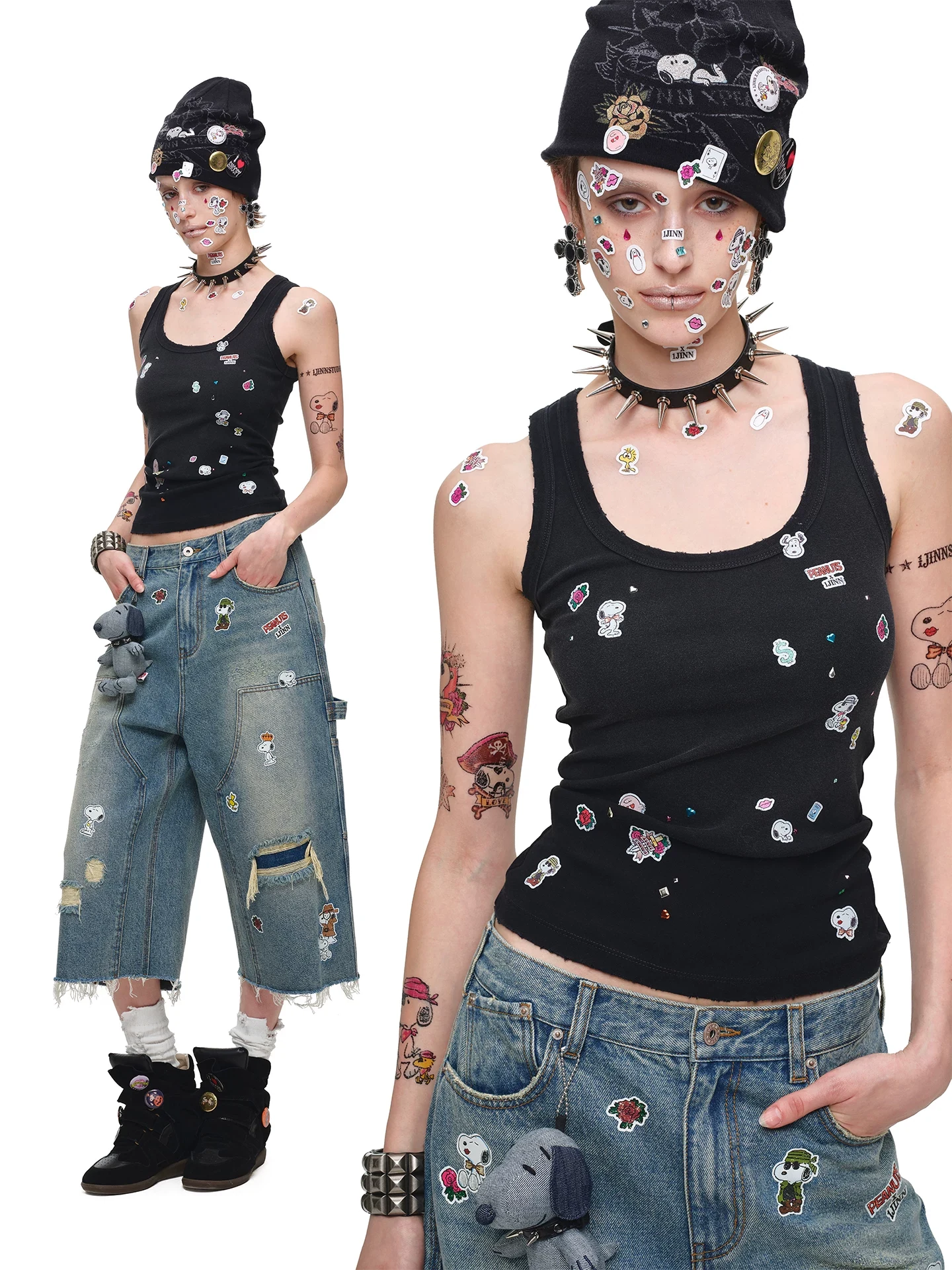 1Jinn X Snoopy Sticker Print Cropped Baggy Jeans 29