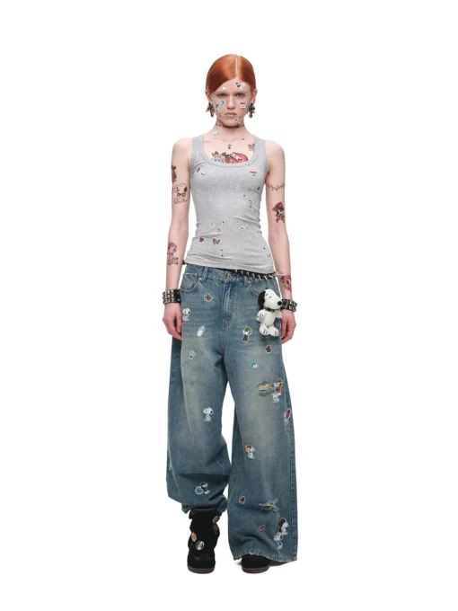 1Jinn X Snoopy Sticker Print Wide Leg Jeans 5