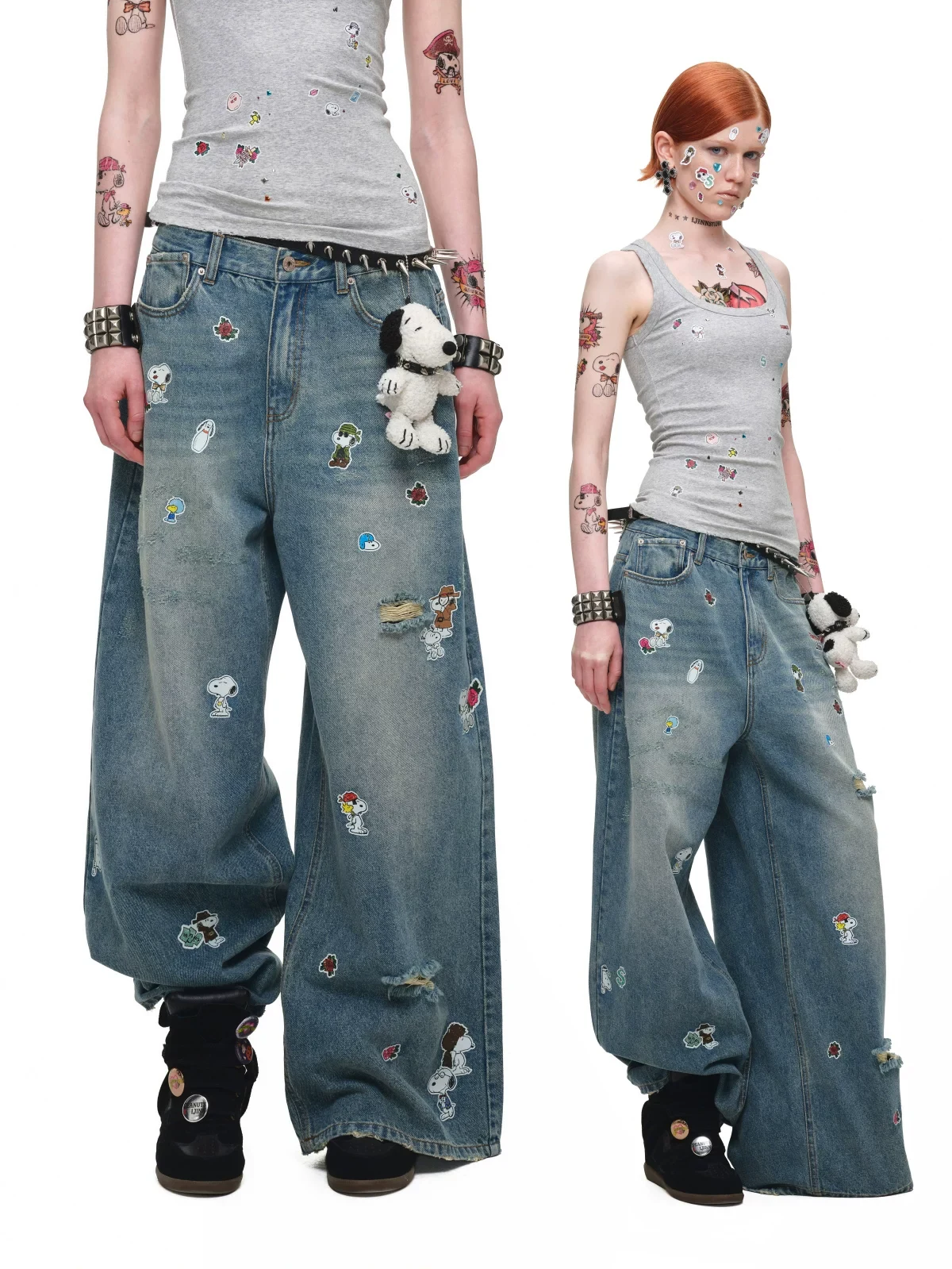1Jinn X Snoopy Sticker Print Wide Leg Jeans 6