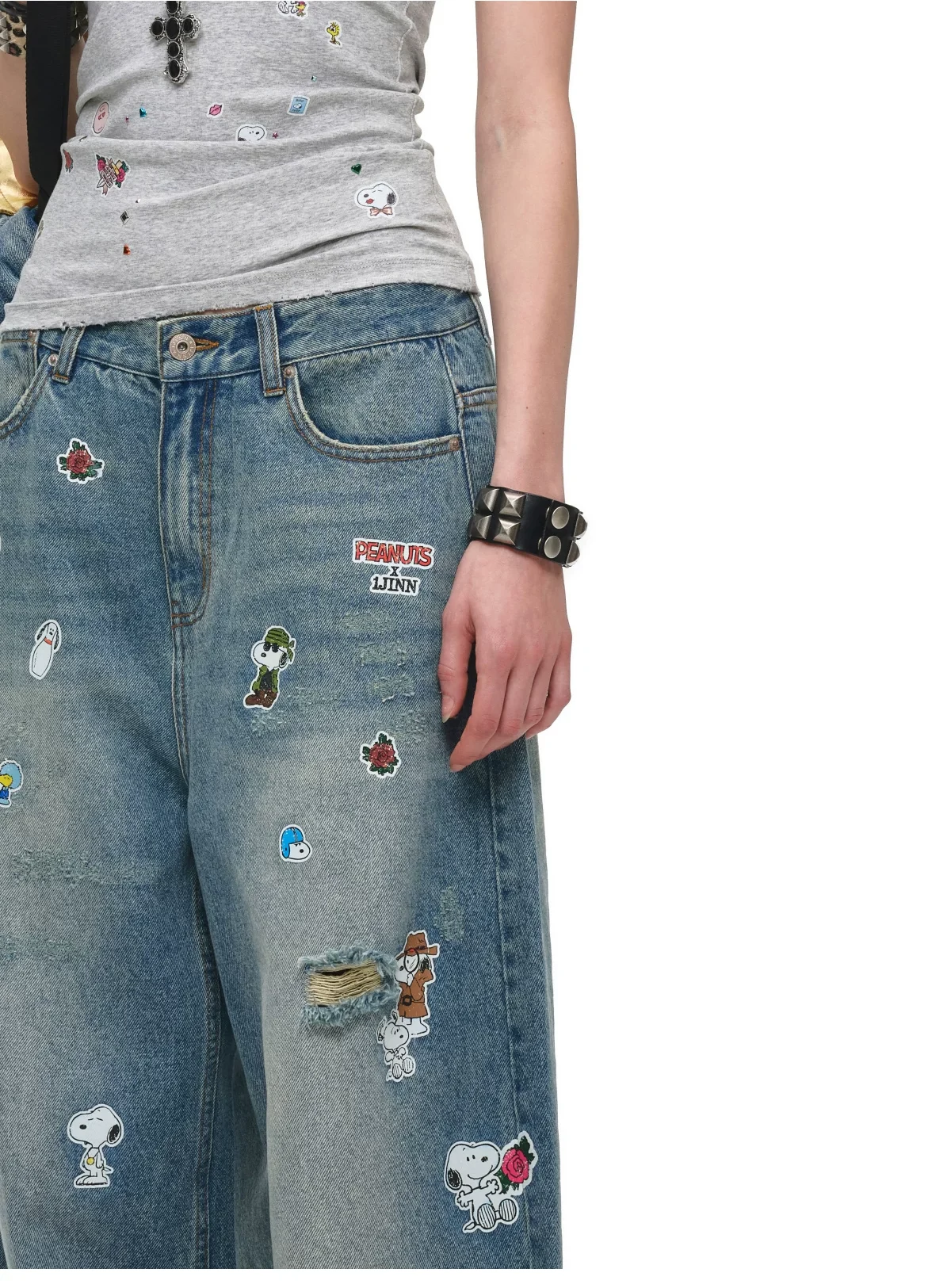 1Jinn X Snoopy Sticker Print Wide Leg Jeans 7