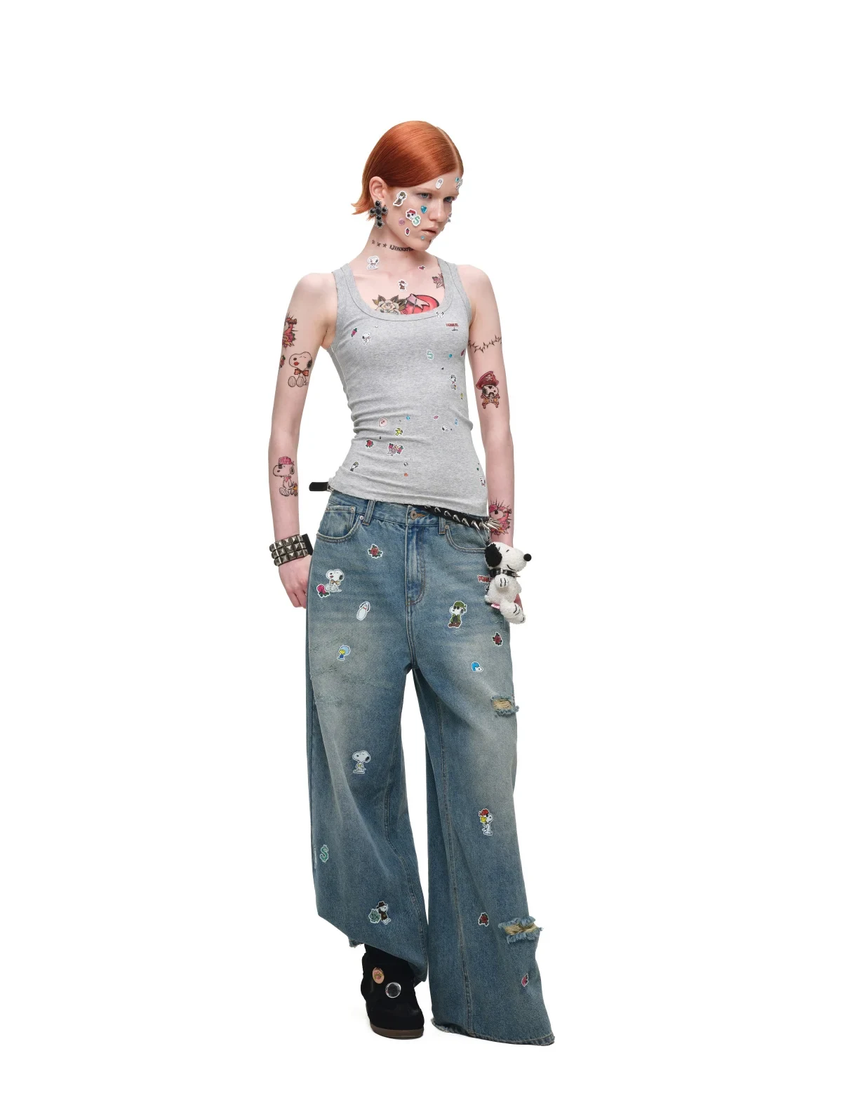 1Jinn X Snoopy Sticker Print Wide Leg Jeans 8