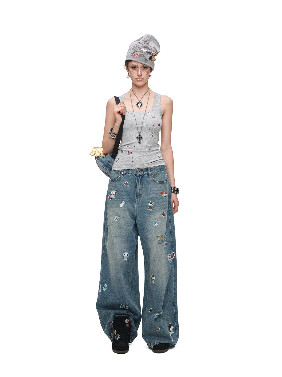 1Jinn X Snoopy Sticker Print Wide Leg Jeans 11
