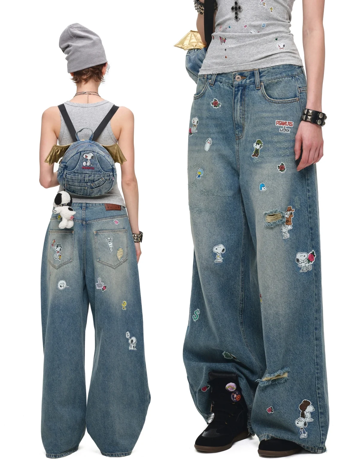 1Jinn X Snoopy Sticker Print Wide Leg Jeans 12