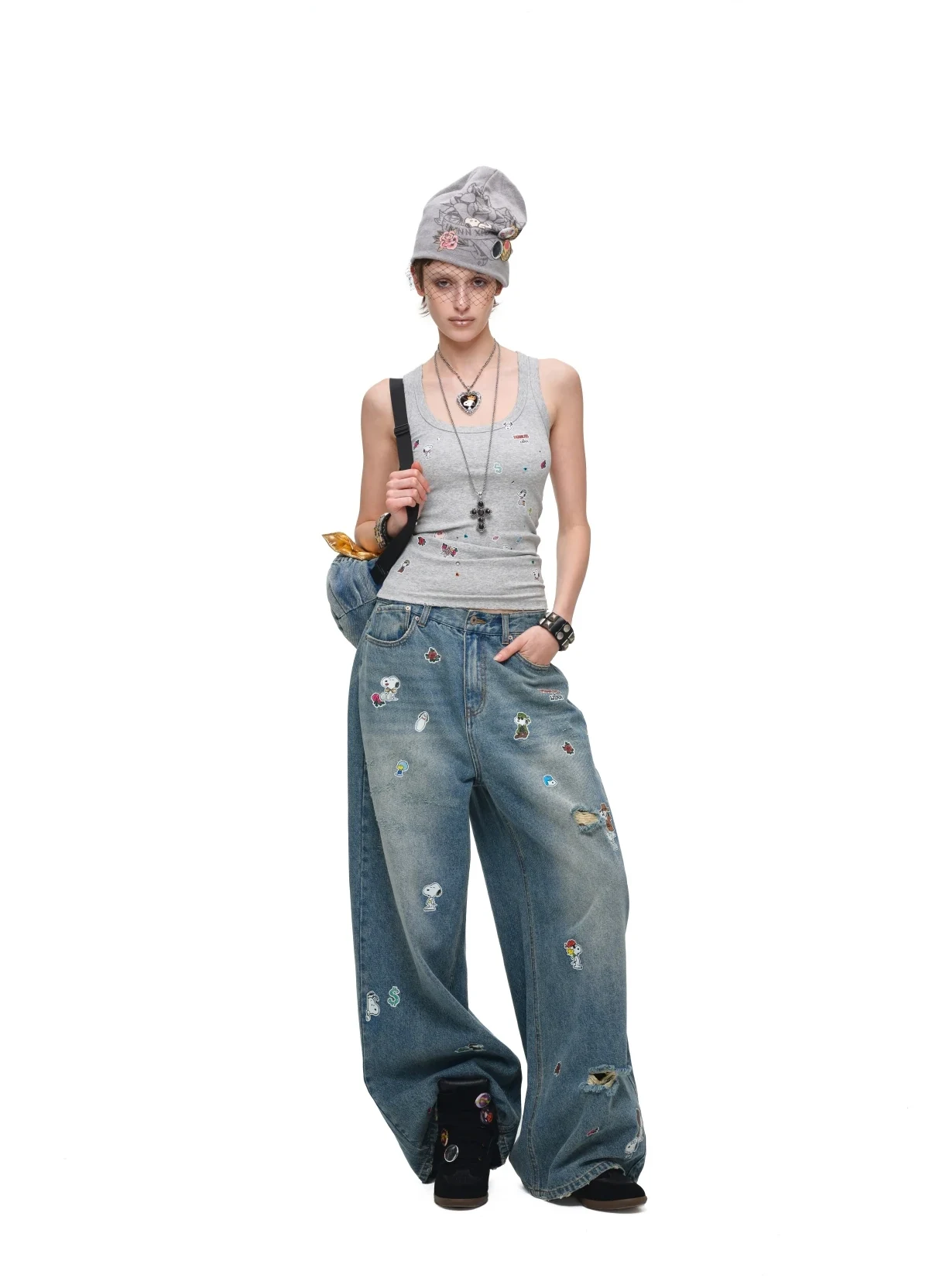 1Jinn X Snoopy Sticker Print Wide Leg Jeans 13