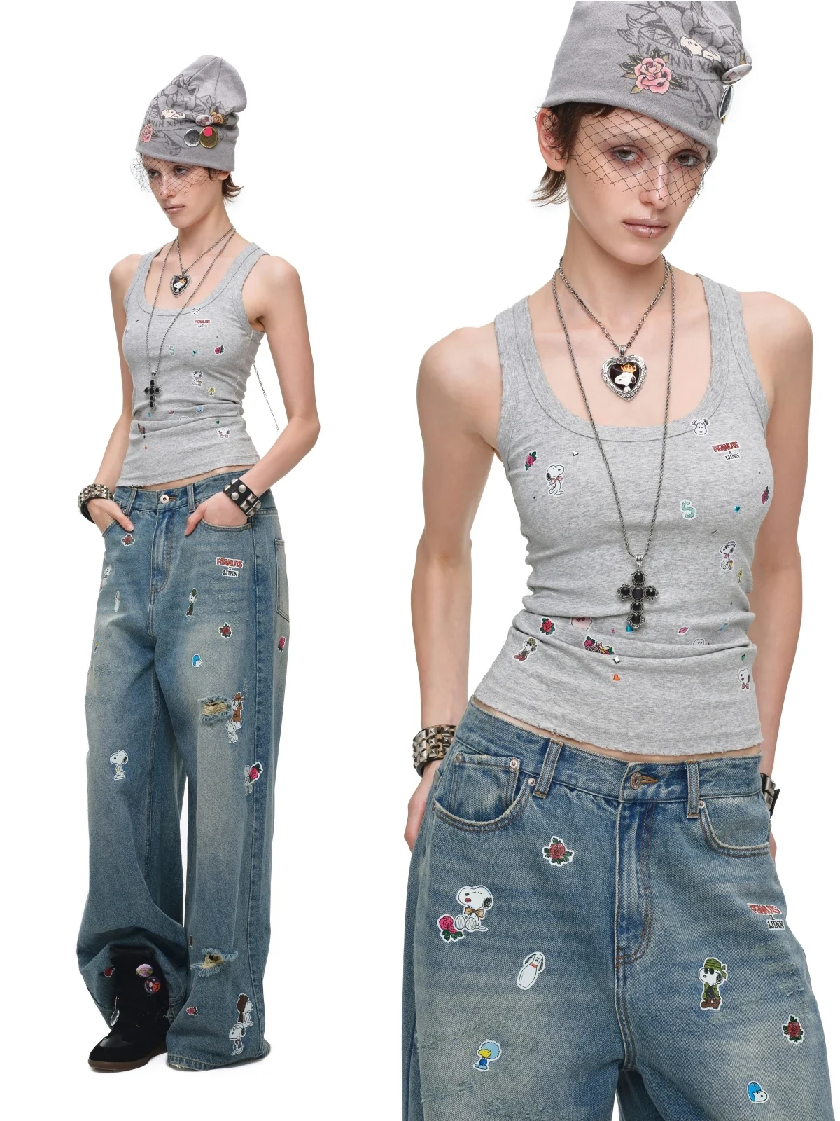 1Jinn X Snoopy Sticker Print Wide Leg Jeans 14