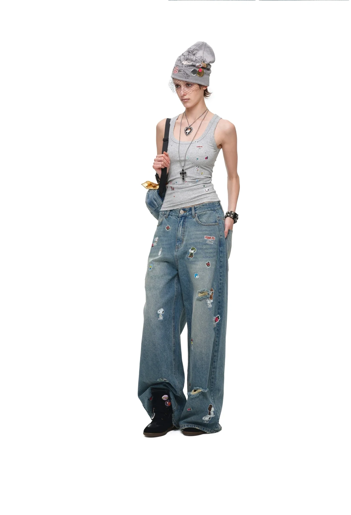 1Jinn X Snoopy Sticker Print Wide Leg Jeans 15