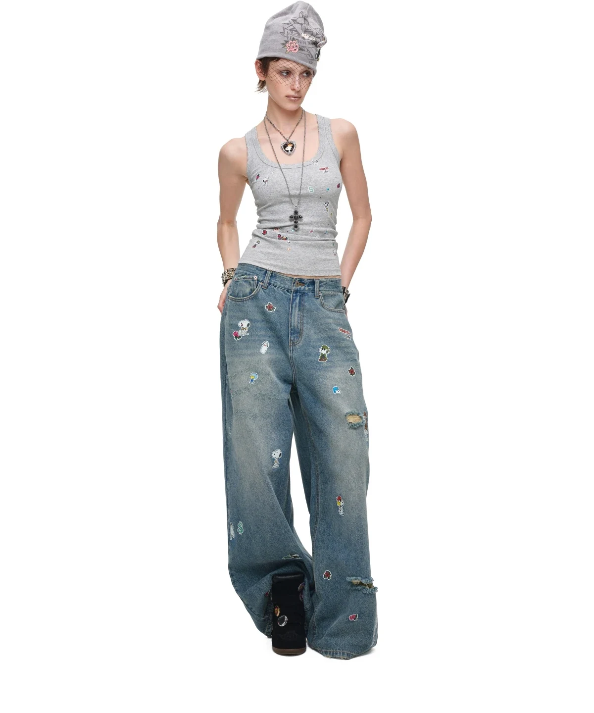 1Jinn X Snoopy Sticker Print Wide Leg Jeans 16