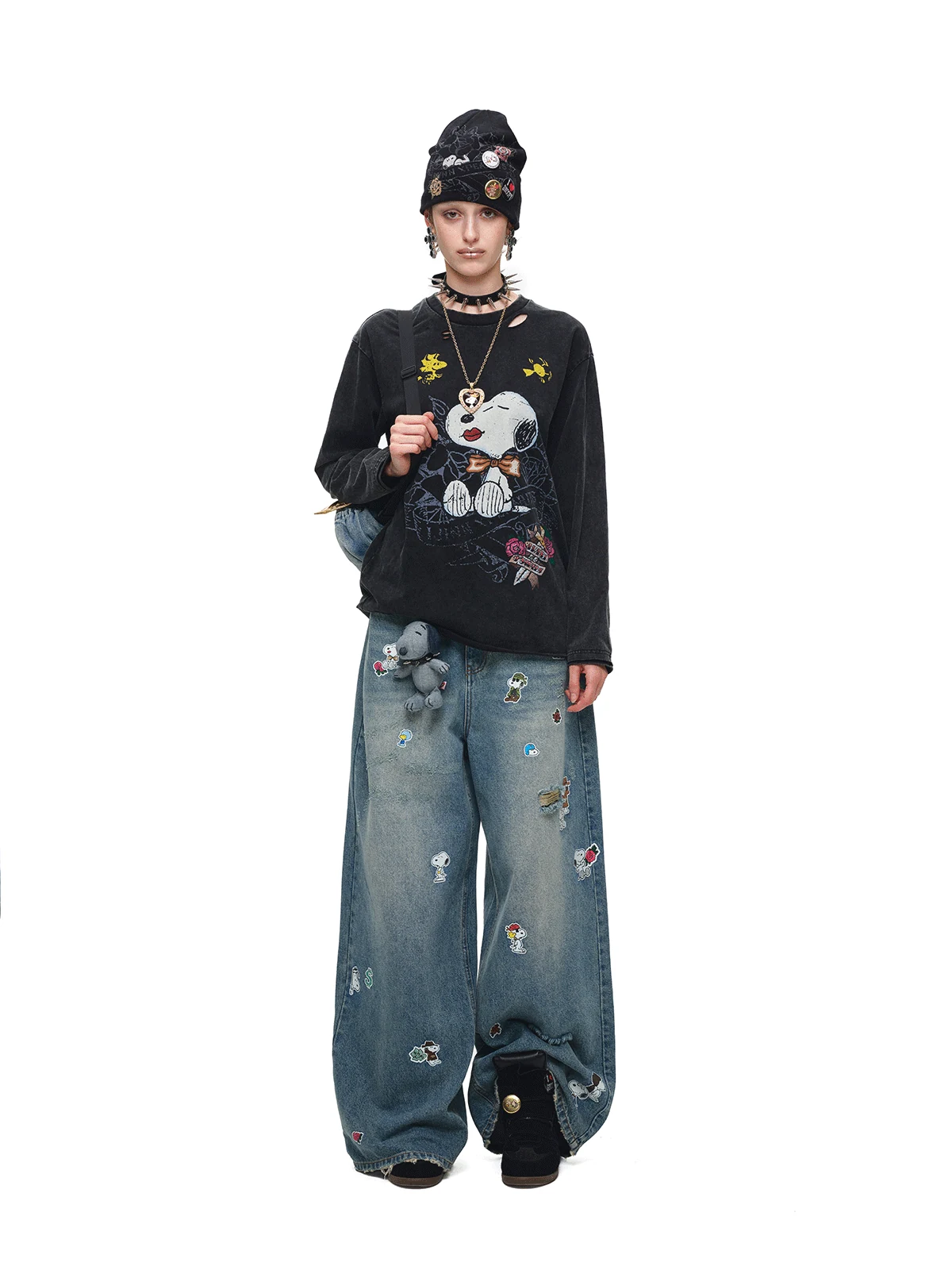 1Jinn X Snoopy Sticker Print Wide Leg Jeans 17