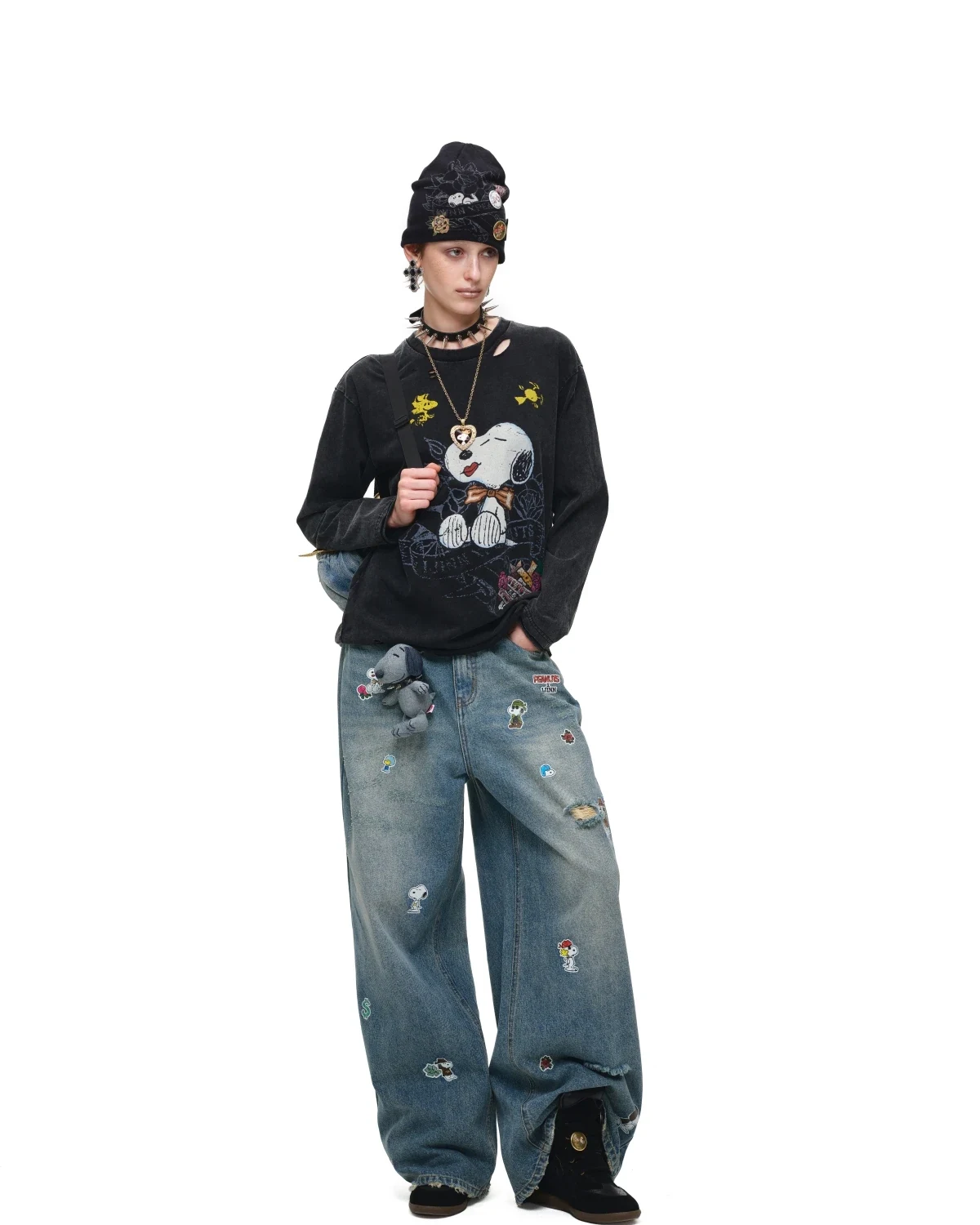 1Jinn X Snoopy Sticker Print Wide Leg Jeans 18