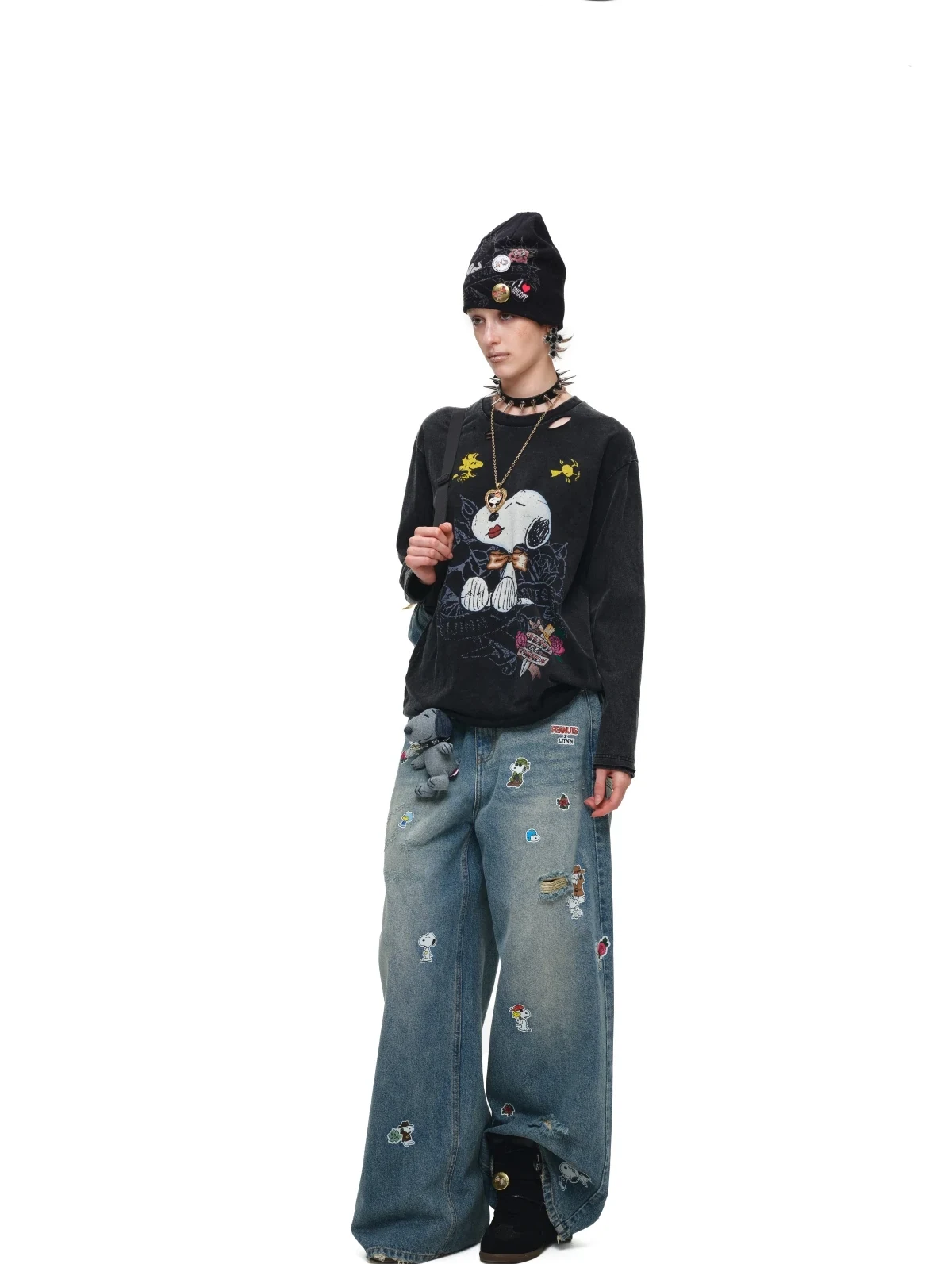 1Jinn X Snoopy Sticker Print Wide Leg Jeans 19