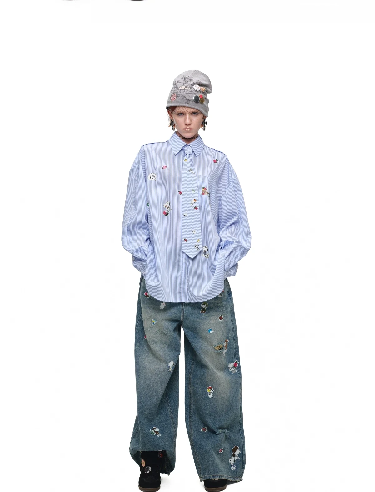 1Jinn X Snoopy Sticker Print Wide Leg Jeans 24