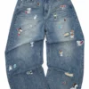 1Jinn X Snoopy Sticker Print Wide Leg Jeans Vintage Blue Denim