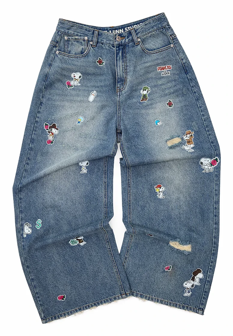 1Jinn X Snoopy Sticker Print Wide Leg Jeans Vintage Blue Denim