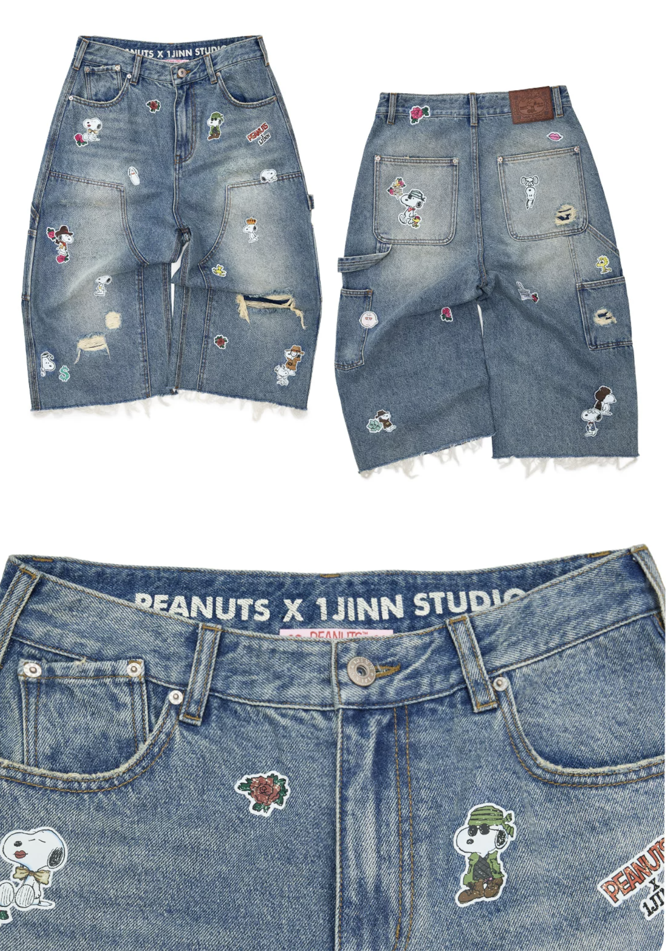 IN STOCK ♱ 1JINN x SNOOPY ੯‧̀͡⬮ STICKER-PRINT CROPPED BAGGY JEANS - Image 4