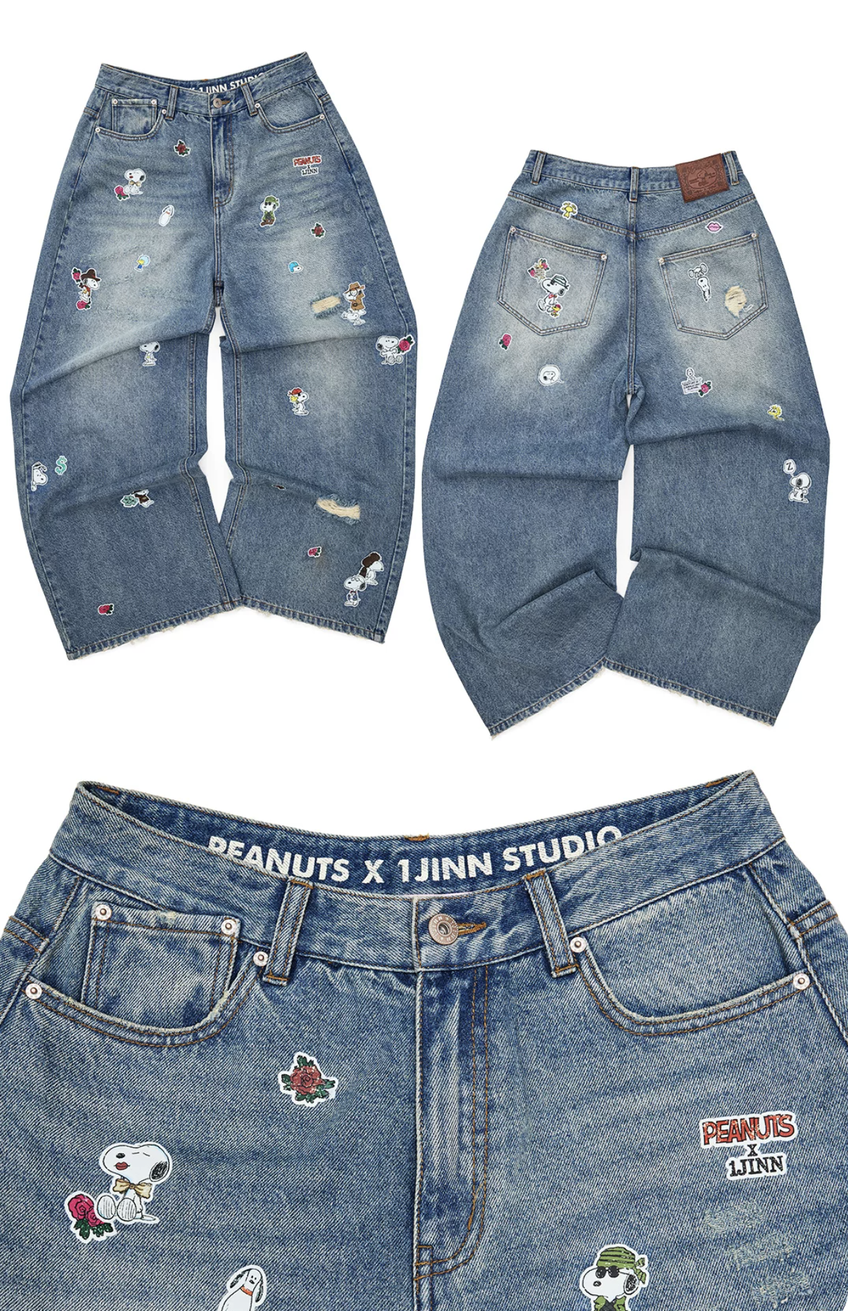 IN STOCK ♱ 1JINN x SNOOPY ੯‧̀͡⬮ STICKER-PRINT WIDE-LEG JEANS - Image 4