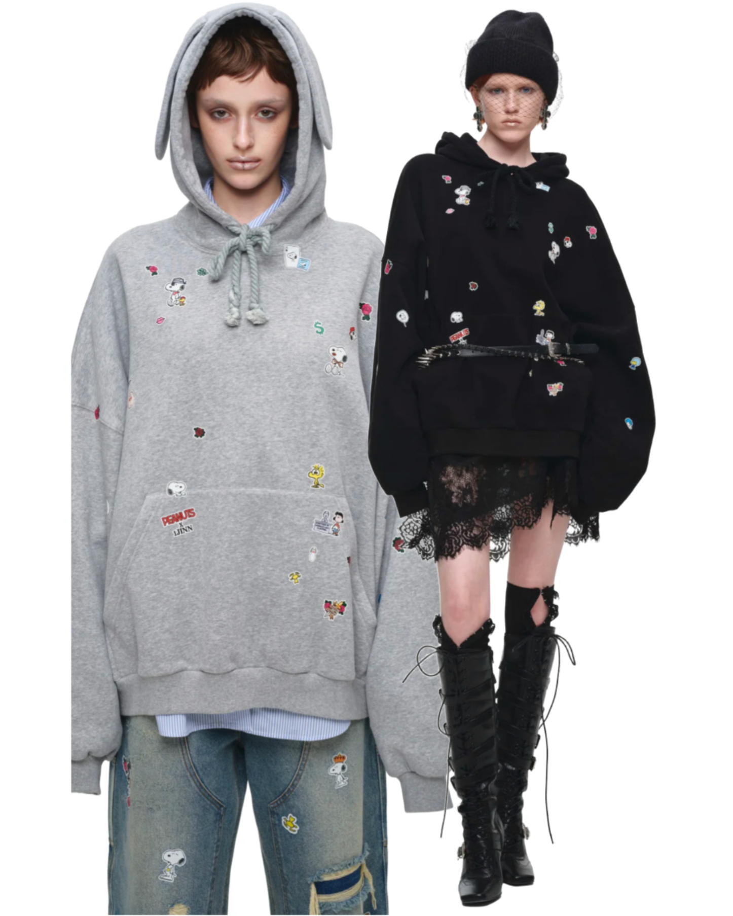 1JINN x SNOOPY ੯‧̀͡⬮ STICKER-PRINT HOODED SWEATSHIRT - 2colors