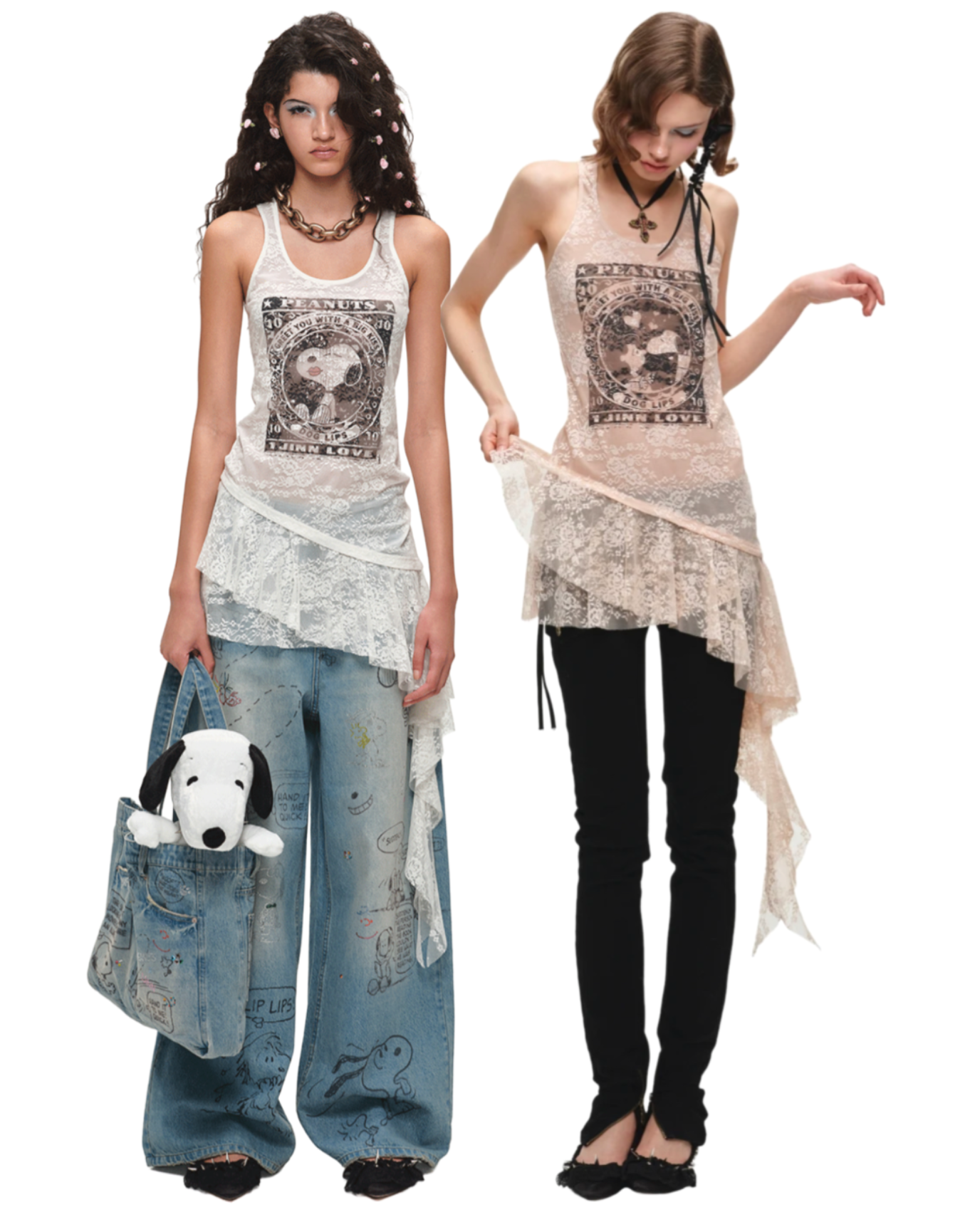 IN STOCK ♱ 1JINN x SNOOPY ੯‧̀͡⬮ PEANUTS FRAMED-PRINT LACE CAMI DRESS ♱ 2colors