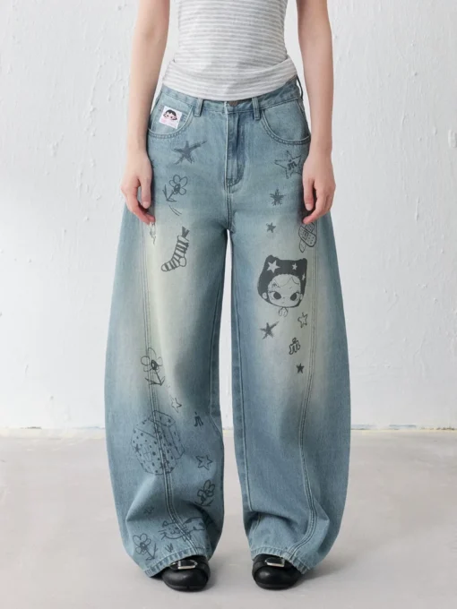 Masoomake Xiaoman Graffiti Print Barrel Leg Jeans 1