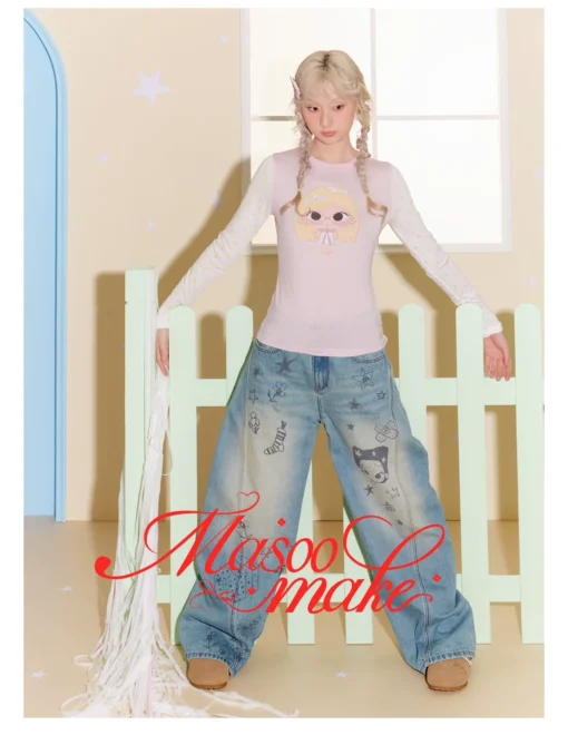 Masoomake Xiaoman Graffiti Print Barrel Leg Jeans 2