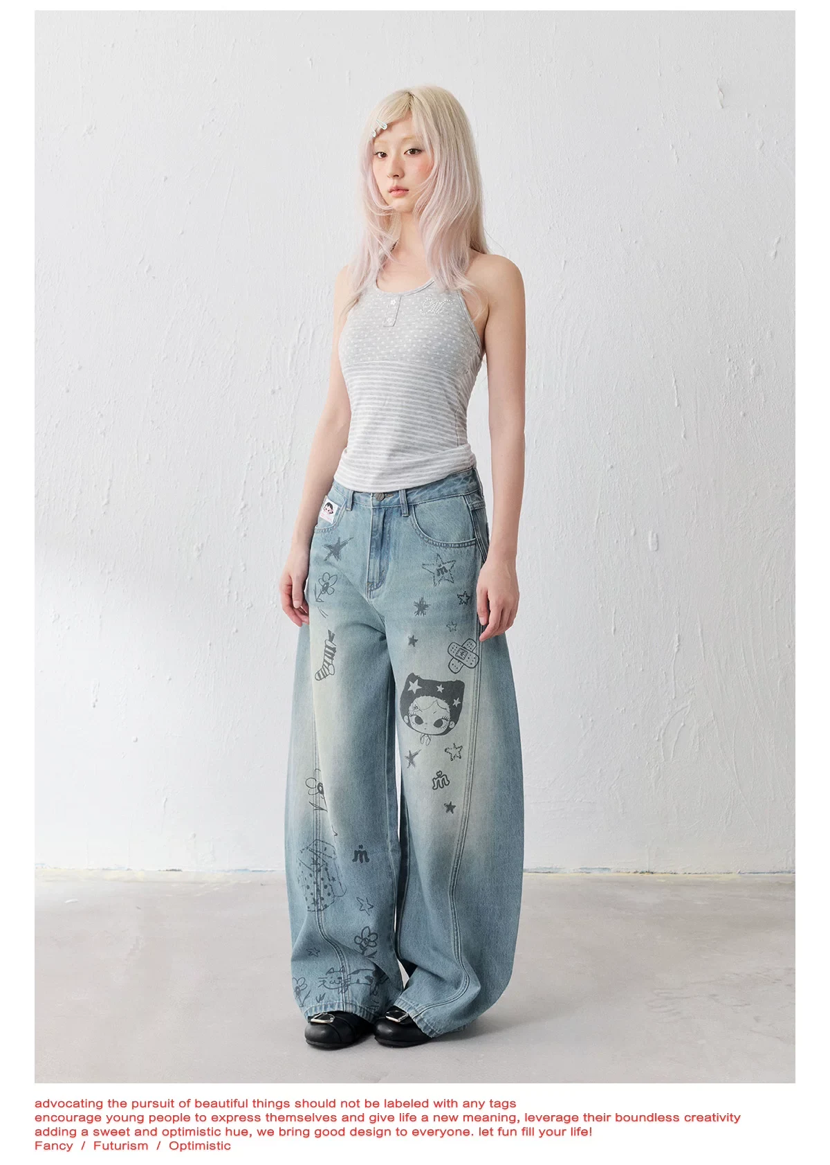 Masoomake Xiaoman Graffiti Print Barrel Leg Jeans 4