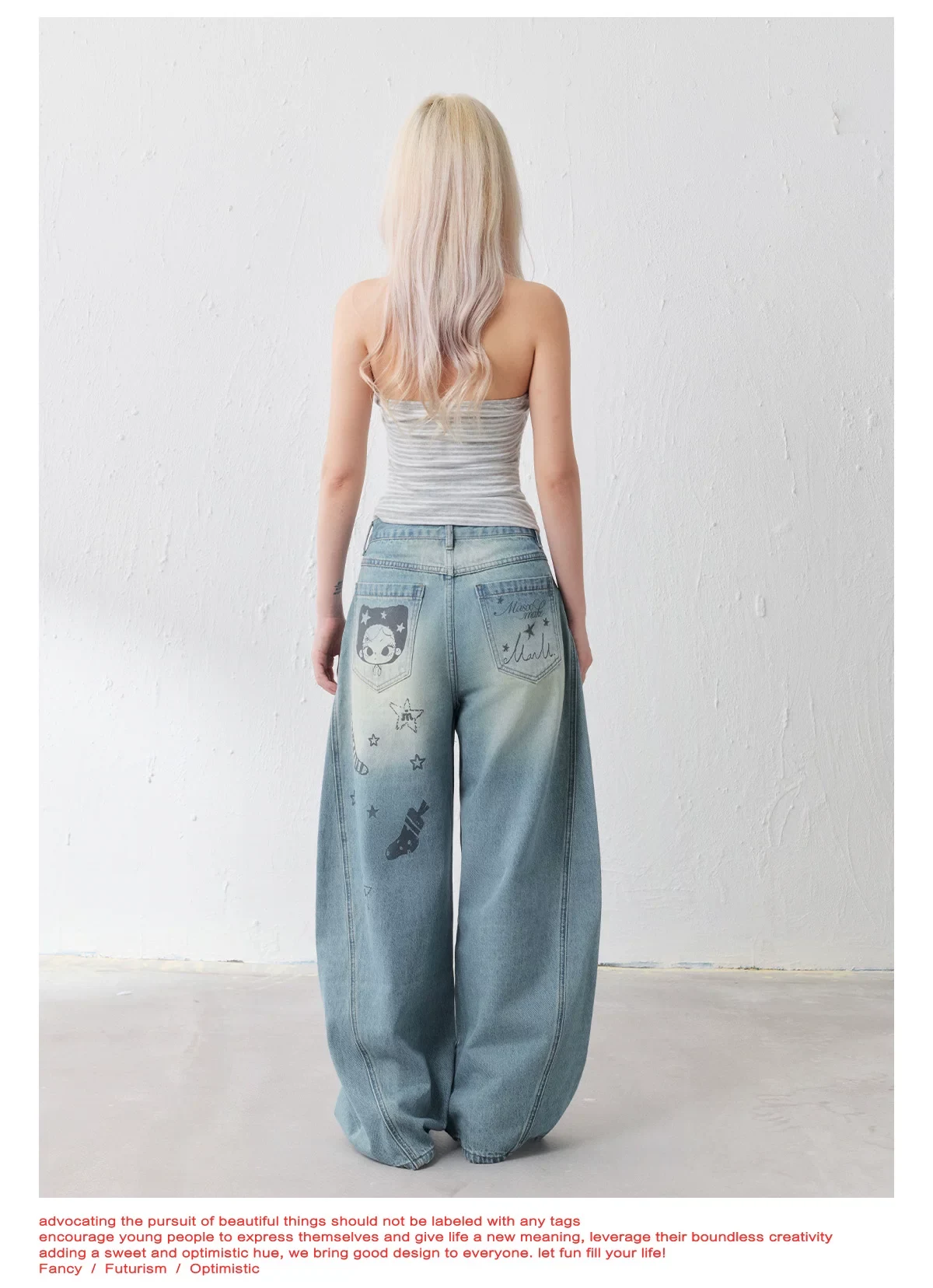 Masoomake Xiaoman Graffiti Print Barrel Leg Jeans 5