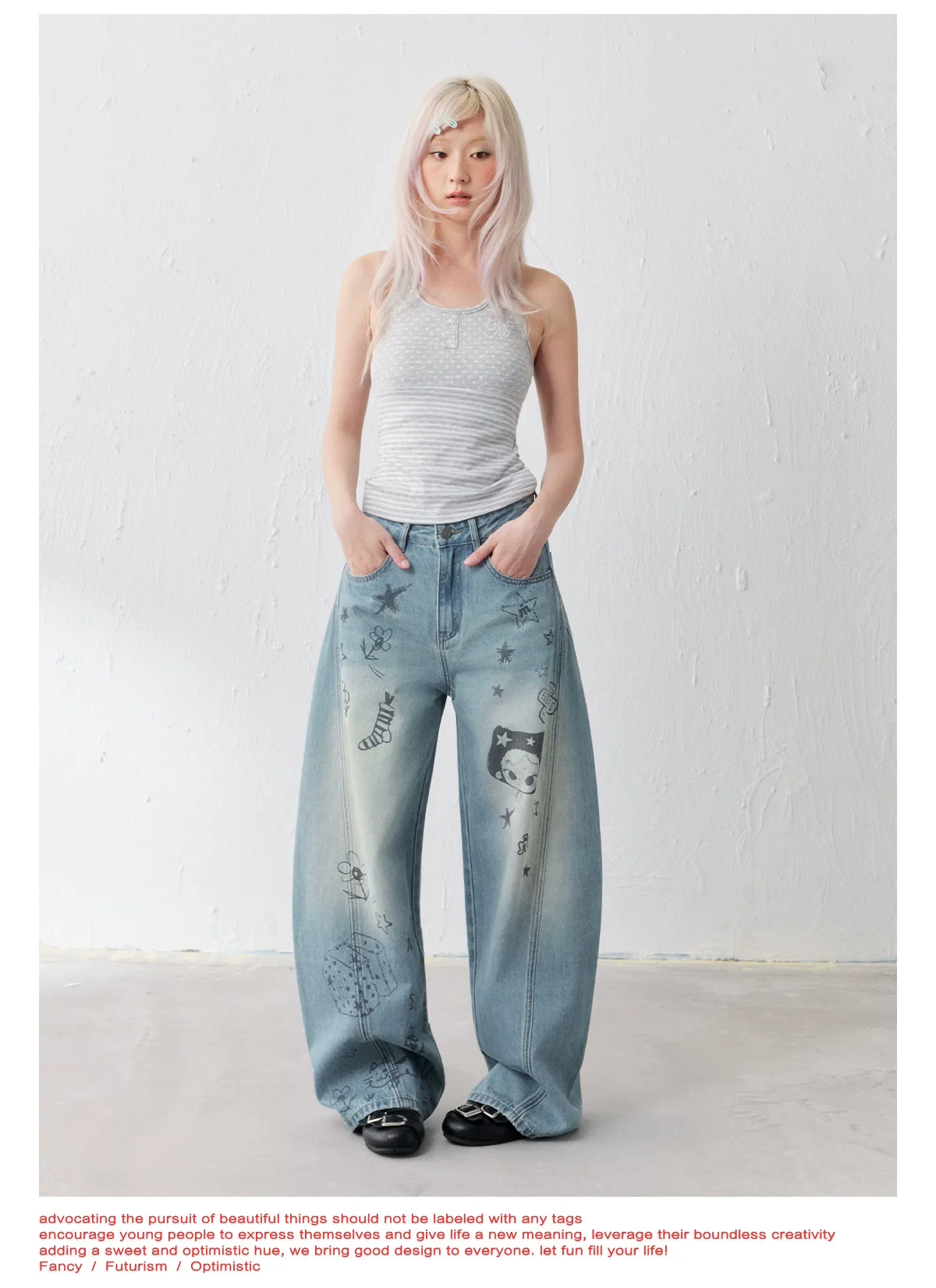 Masoomake Xiaoman Graffiti Print Barrel Leg Jeans 6