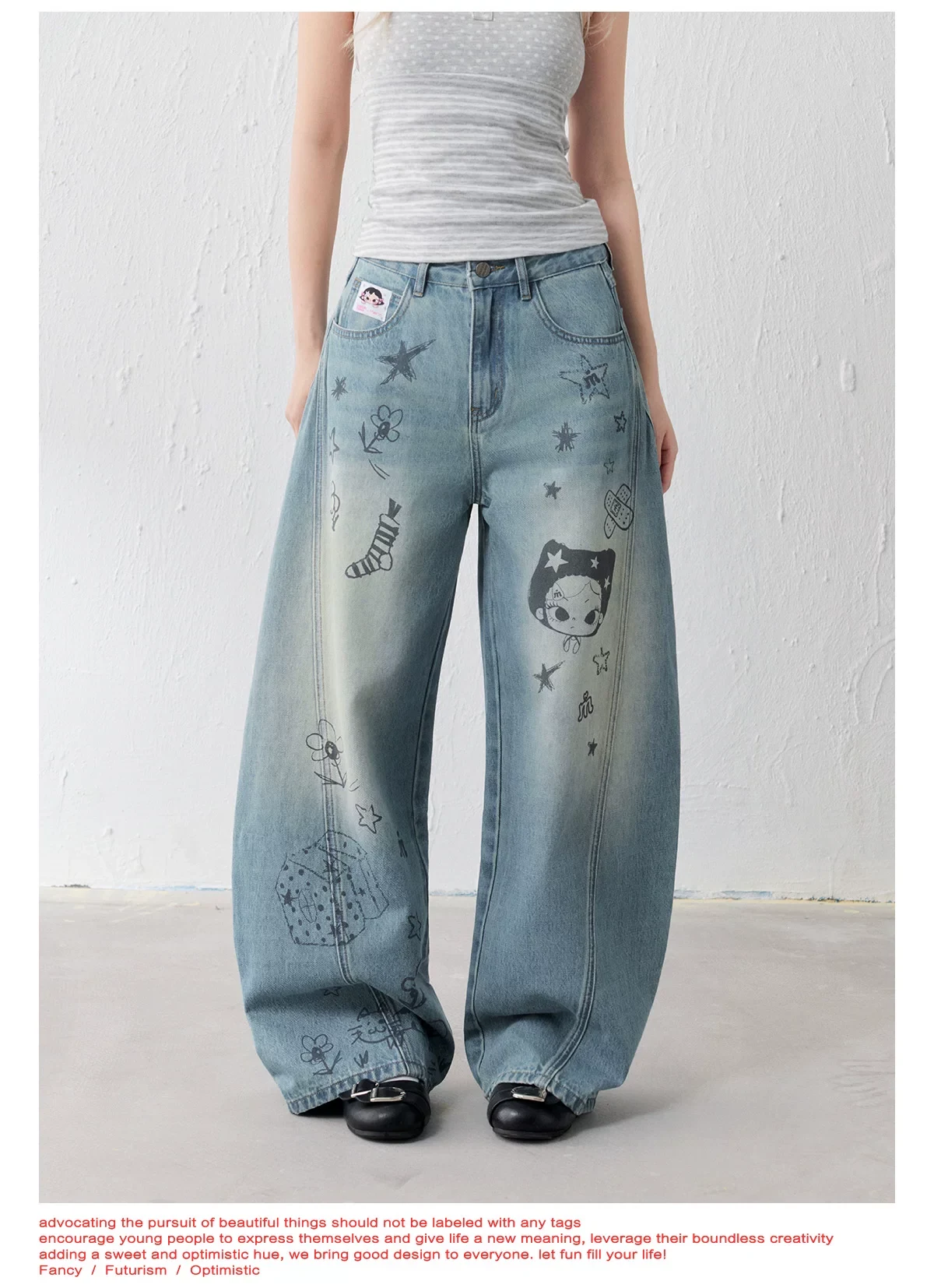 Masoomake Xiaoman Graffiti Print Barrel Leg Jeans 10