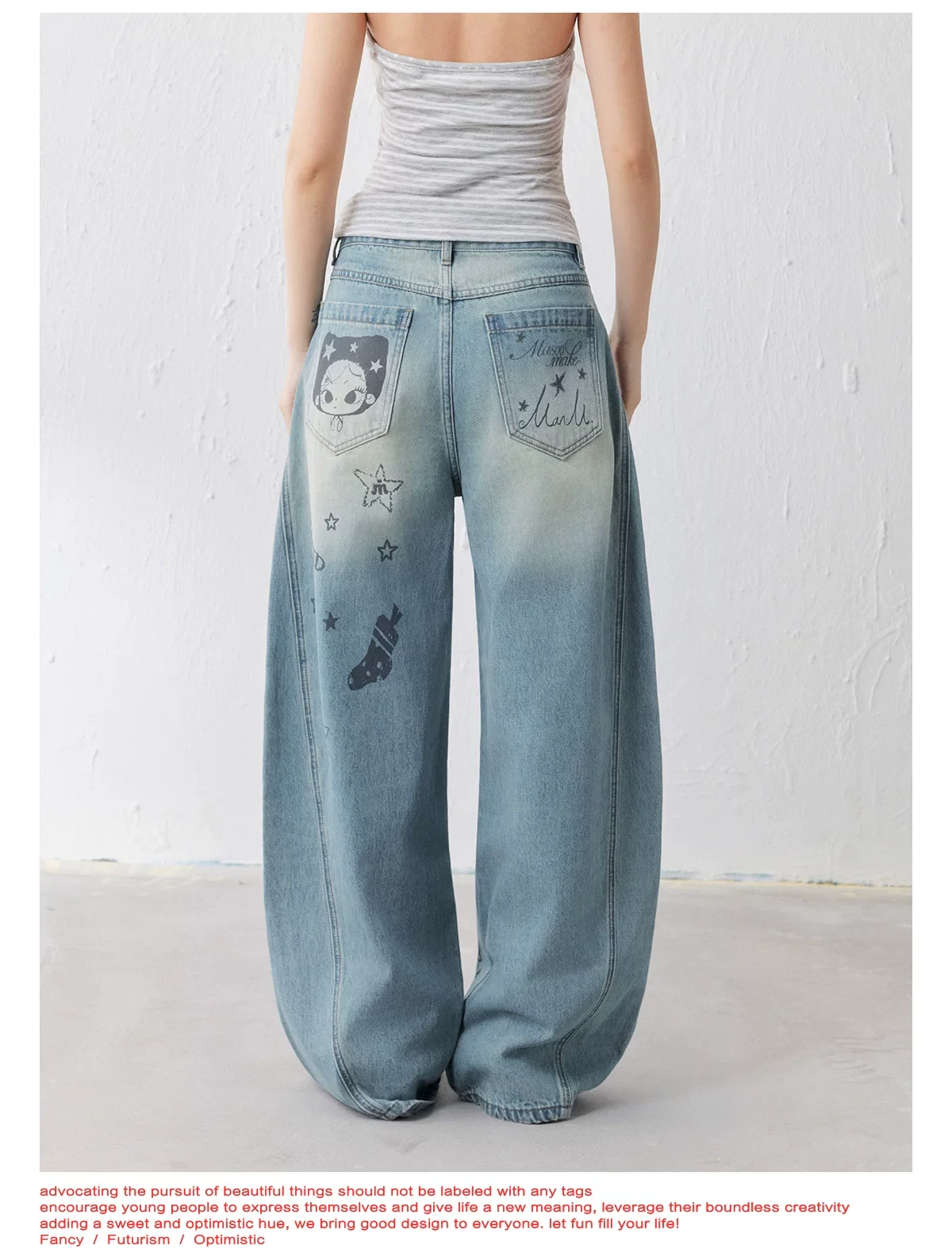 Masoomake Xiaoman Graffiti Print Barrel Leg Jeans 11