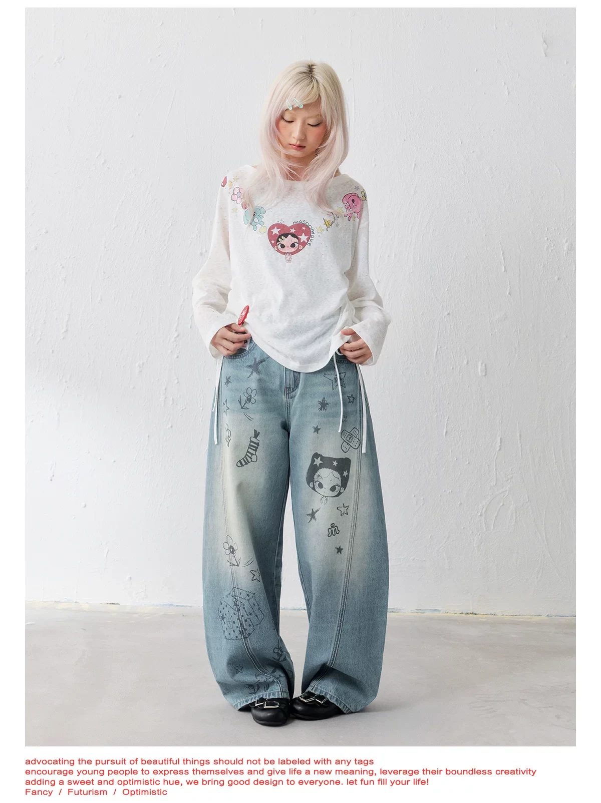Masoomake Xiaoman Graffiti Print Barrel Leg Jeans 12