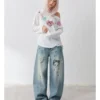 Masoomake Xiaoman Graffiti Print Barrel Leg Jeans 13