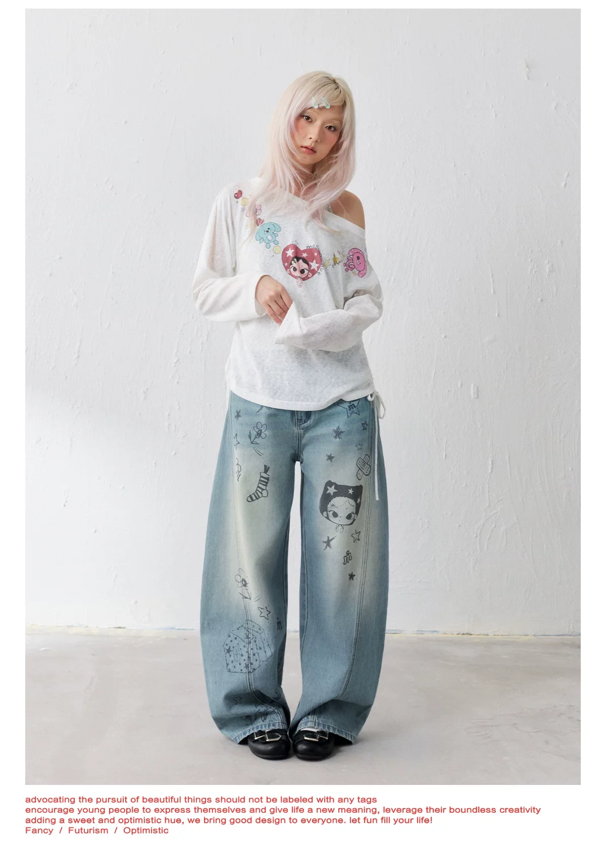 Masoomake Xiaoman Graffiti Print Barrel Leg Jeans 13