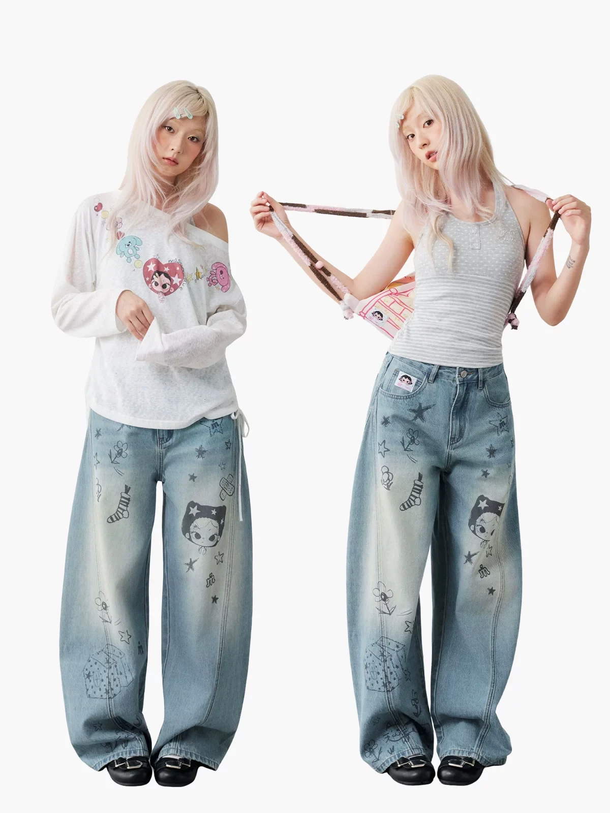 Masoomake Xiaoman Graffiti Print Barrel Leg Jeans 14