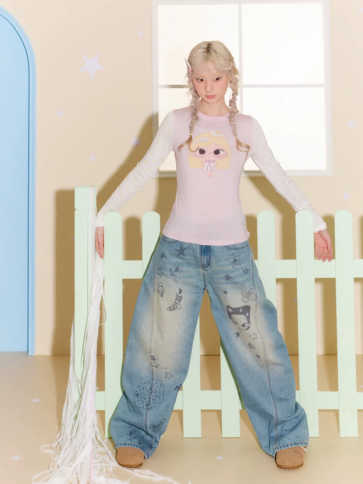 Masoomake Xiaoman Graffiti Print Barrel Leg Jeans 16